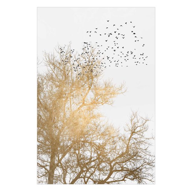 Fensterfolie - Sichtschutz - Vogelschwarm vor goldenem Baum - Fensterbilder