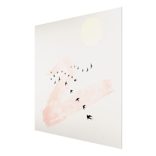 Glasbild - Vogelschwarm vor Rosa Himmel - Quadrat 1:1