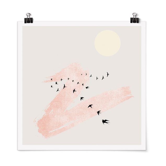 Kubistika Poster Vogelschwarm vor Rosa Himmel