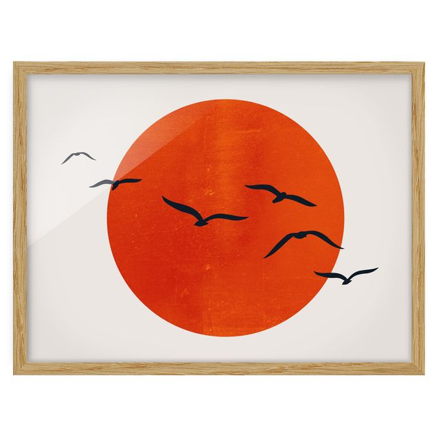 Kubistika Bilder Vogelschwarm vor roter Sonne I