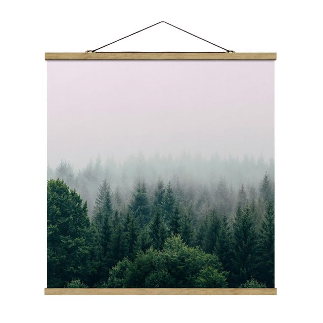 Stoffbild mit Posterleisten - Wald im Nebel Dämmerung - Quadrat 1:1