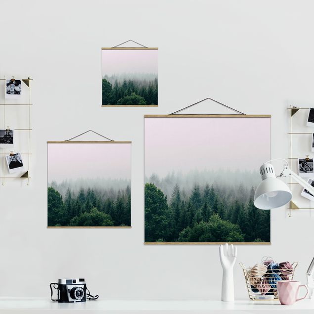 Stoffbild mit Posterleisten - Wald im Nebel Dämmerung - Quadrat 1:1