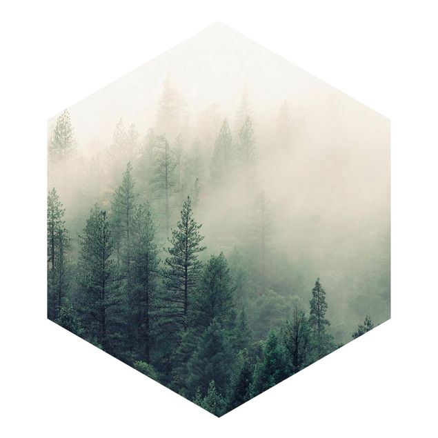 Hexagon Mustertapete selbstklebend - Wald im Nebel Erwachen
