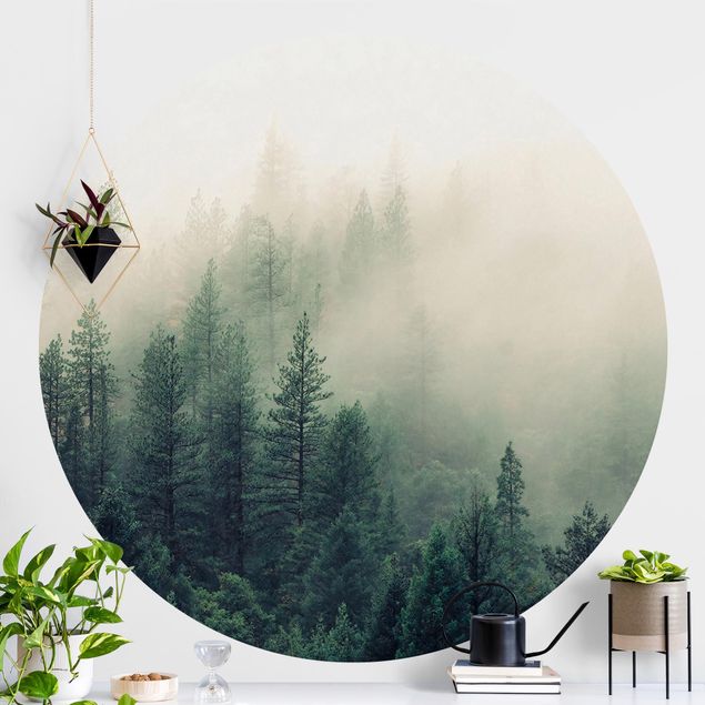 Runde Tapete selbstklebend - Wald im Nebel Erwachen