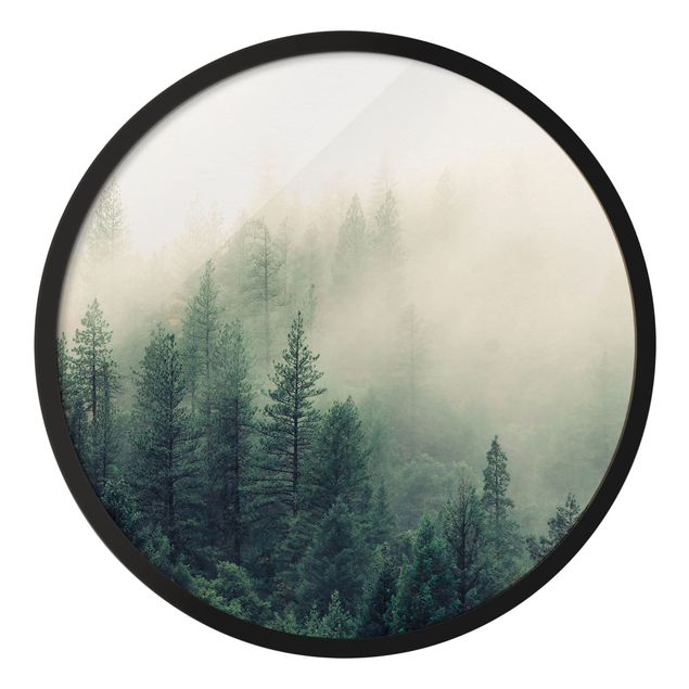 Rundes Gerahmtes Bild - Wald im Nebel Erwachen