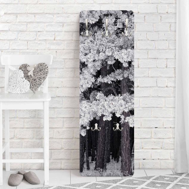 Garderobe schwarz-weiß Wald mit Raureif in Österreich