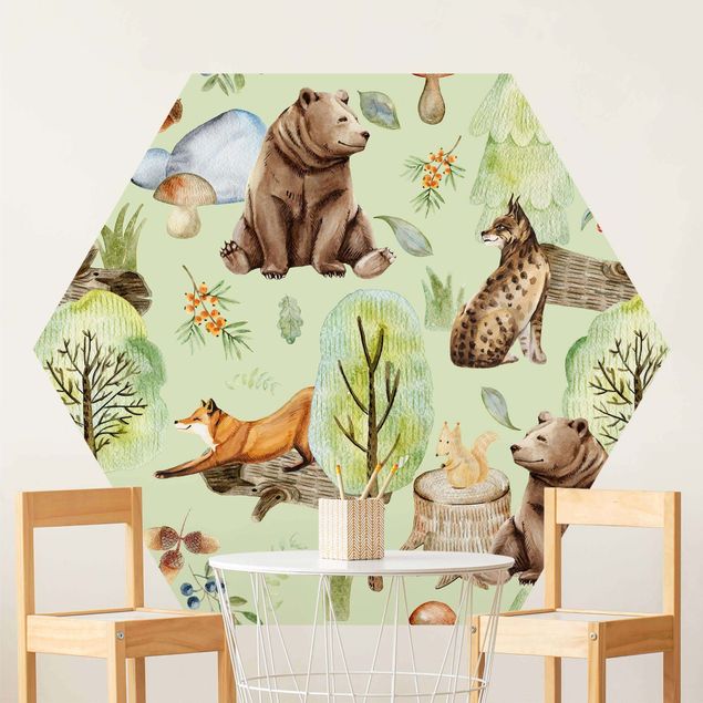 Hexagon Mustertapete selbstklebend - Waldfreunde Bär mit Eichhörnchen