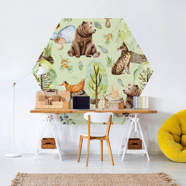 Hexagon Mustertapete selbstklebend - Waldfreunde Bär mit Eichhörnchen