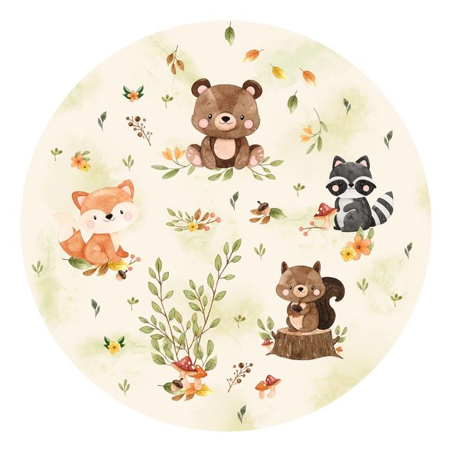 Tapete selbstklebend Waldtiere Herbst Fuchs Bär Eichhörnchen Waschbär