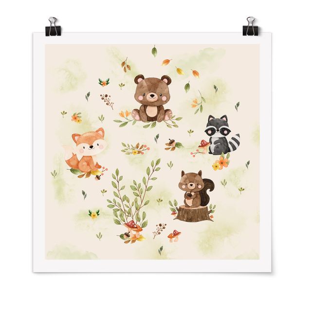 Poster - Waldtiere Herbst Fuchs Bär Eichhörnchen Waschbär - Quadrat 1:1