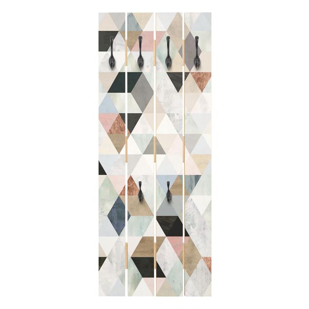 Wandgarderobe Holz - Aquarell-Mosaik mit Dreiecken I