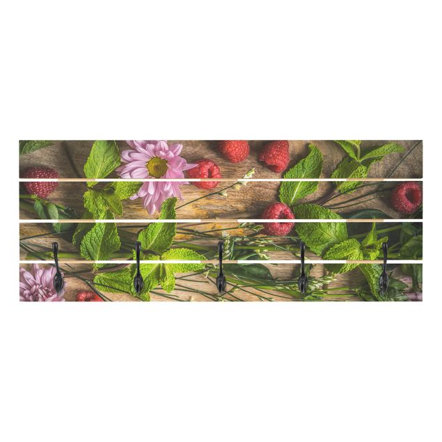 Wandgarderobe Holz - Blumen Himbeeren Minze