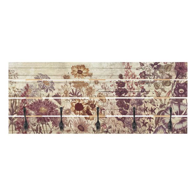 Wandgarderobe Holz - Vintage Blumen Holzoptik
