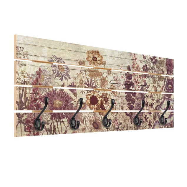 Wandgarderobe Holz - Vintage Blumen Holzoptik