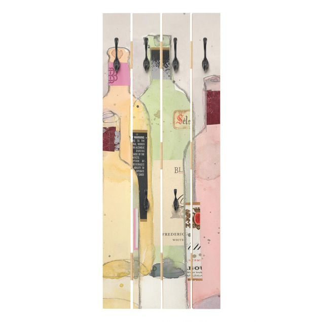 Wandgarderobe Holz - Weinflaschen in Wasserfarbe I