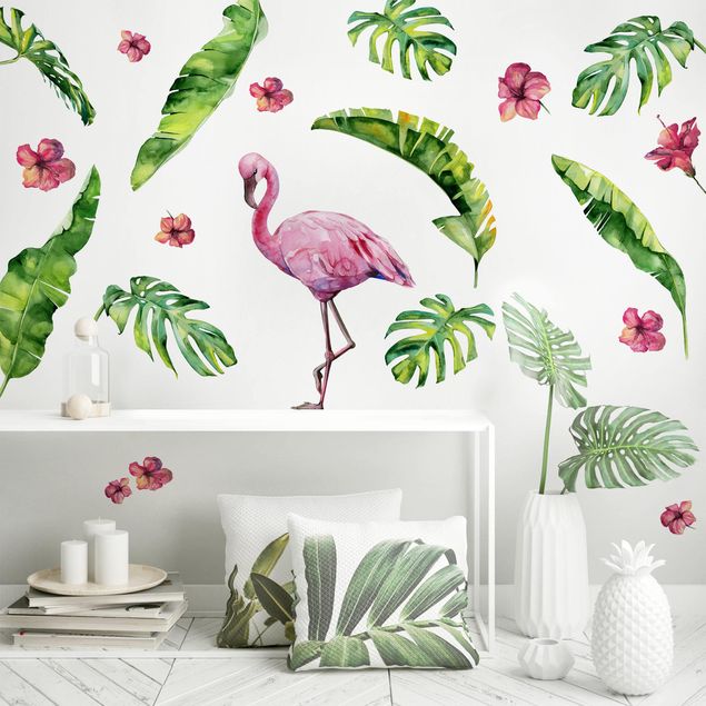 Natur Wandtattoo Dschungel Flamingo Blätter Set