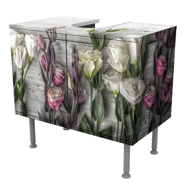 Waschbeckenunterschrank - Tulpen-Rose Shabby Holzoptik - Blumen Badschrank