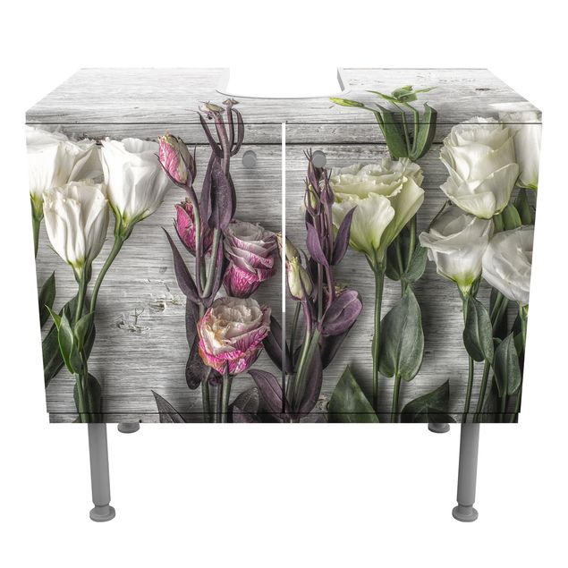 Waschbeckenunterschrank - Tulpen-Rose Shabby Holzoptik - Blumen Badschrank