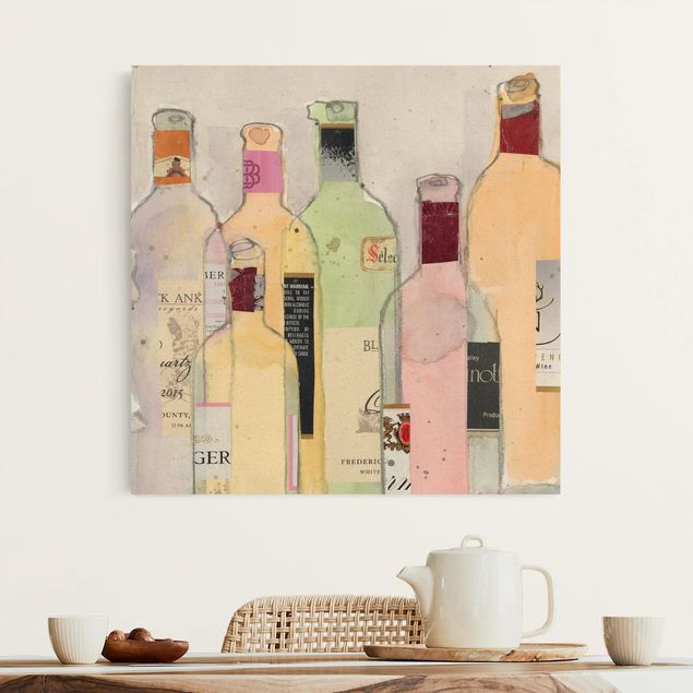 Leinwandbild - Weinflaschen in Wasserfarbe I - Quadrat 1:1
