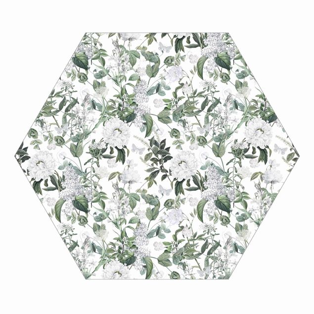Hexagon Fototapete selbstklebend - Weiße Blüten und Schmetterlinge