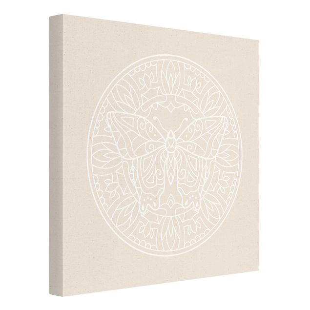 Leinwandbild Natur - Weiße Linien - Mandala mit Schmetterling - Quadrat 1:1