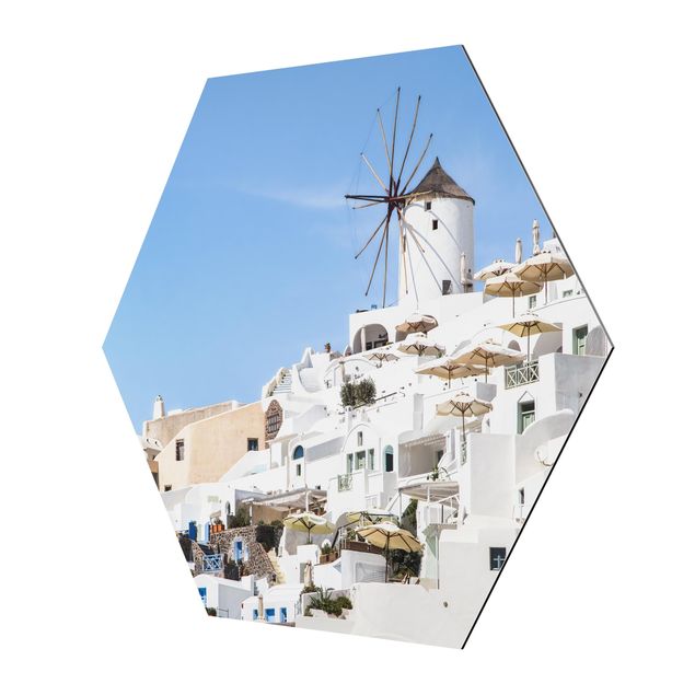 Hexagon Bild Alu-Dibond - Weißes Griechenland