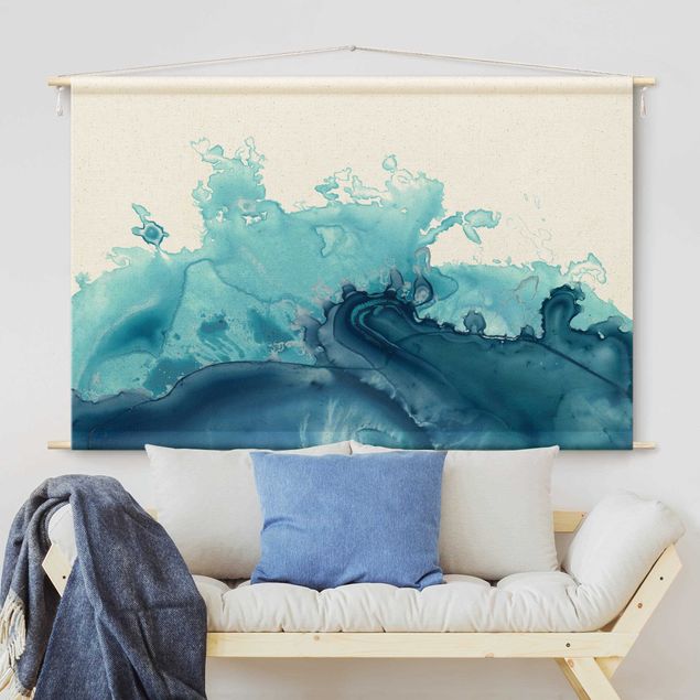 Wandbehang Stoffbild Welle Aquarell Blau I