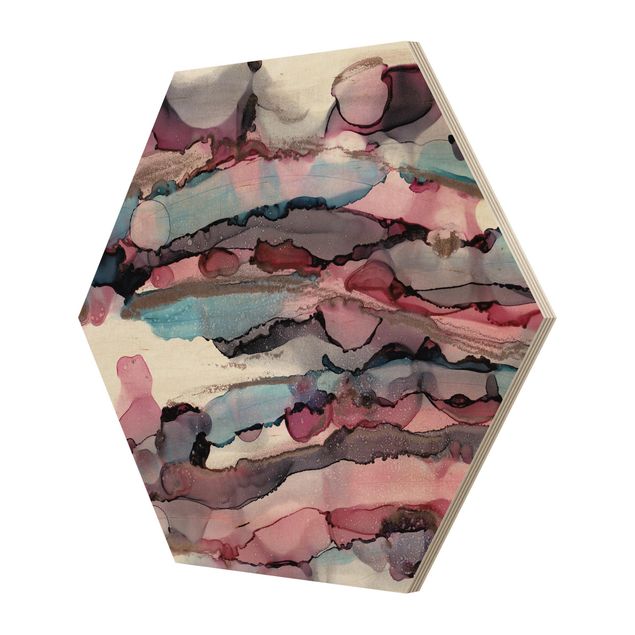 Hexagon Bild Holz - Wellenreiten in Violett mit Roségold