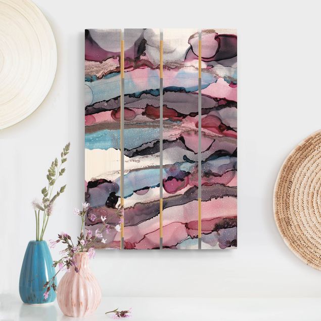 Holzbilder Muster Wellenreiten in Violett mit Roségold