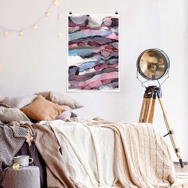abstrakte Kunst Poster Wellenreiten in Violett mit Roségold
