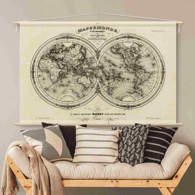 Wandtücher Weltkarte - Französische Karte der Hemissphären von 1848