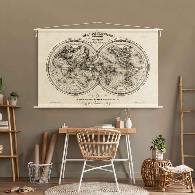 Wandteppich groß Weltkarte - Französische Karte der Hemissphären von 1848