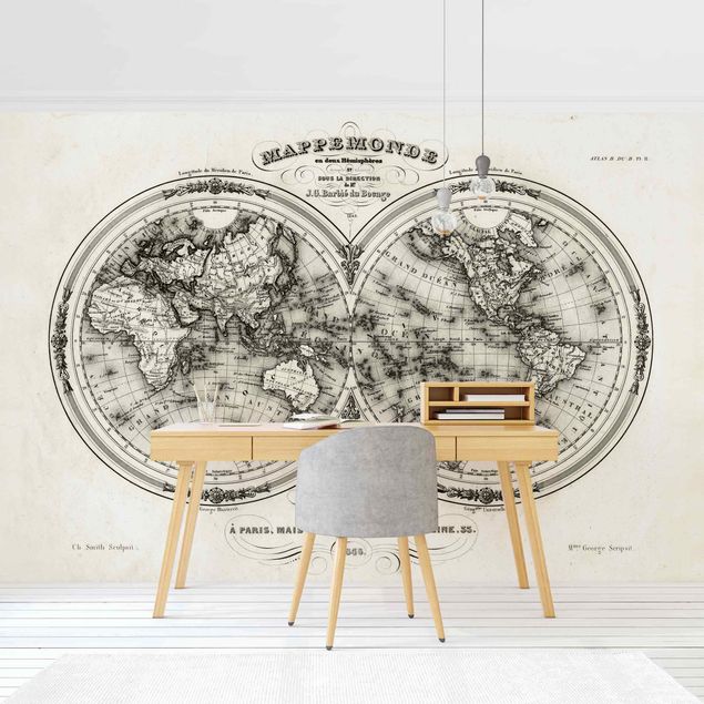 Fototapete - Weltkarte - Französische Karte der Hemissphären von 1848