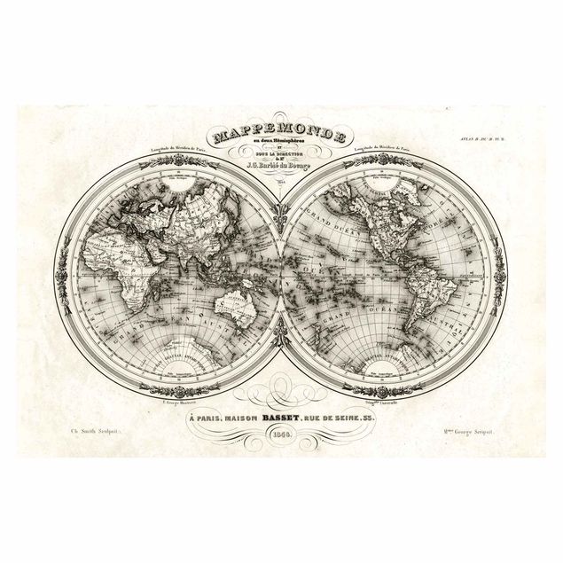 Fototapete - Weltkarte - Französische Karte der Hemissphären von 1848