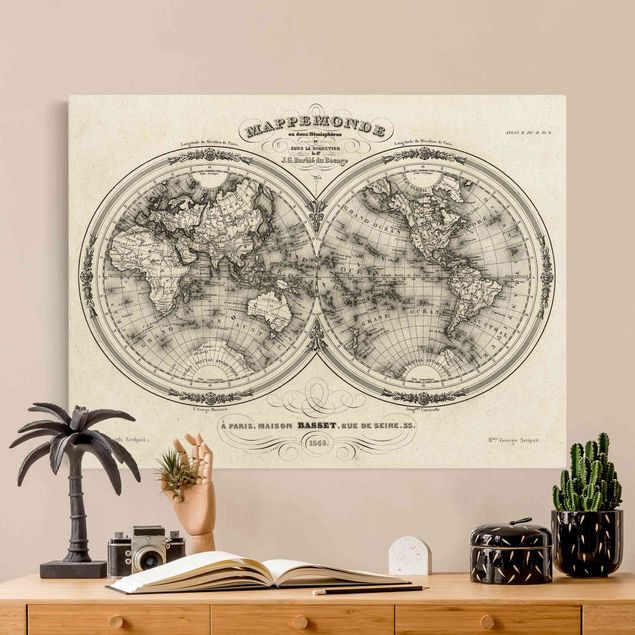 Leinwandbilder Gold Canvas Weltkarte - Französische Karte der Hemissphären von 1848