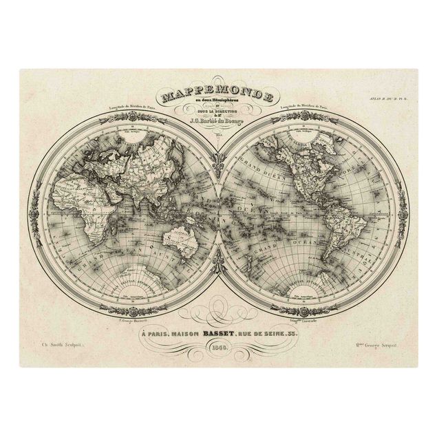 schöne Leinwandbilder Weltkarte - Französische Karte der Hemissphären von 1848