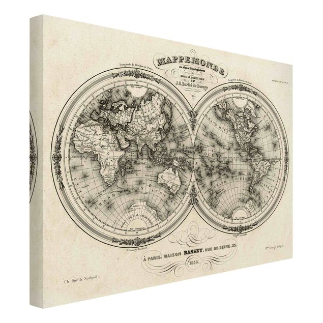 Leinwandbild Gold - Weltkarte - Französische Karte der Hemissphären von 1848 - Querformat 3:4