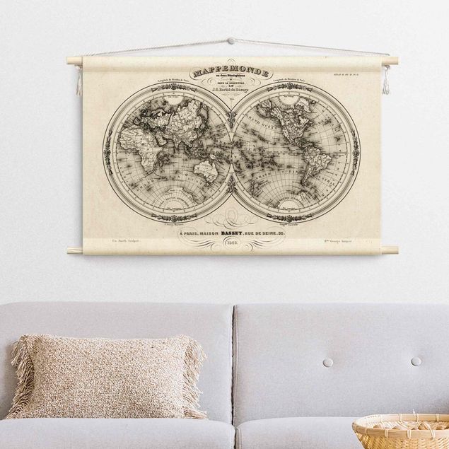 Wandteppich modern Weltkarte - Französische Karte der Hemissphären von 1848