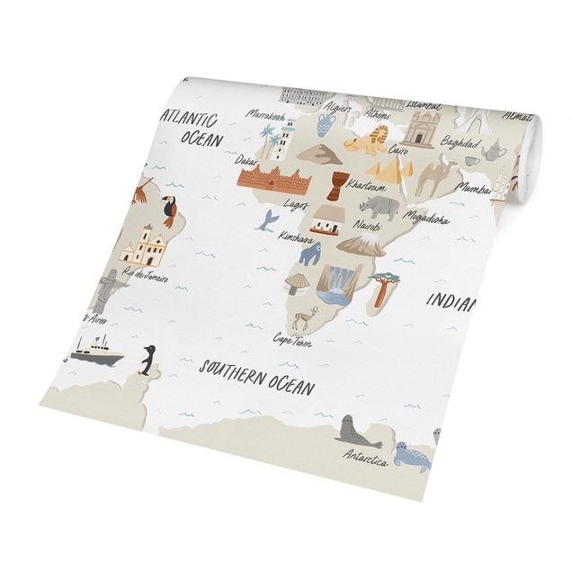 selbstklebende Tapete Weltkarte mit Sehenswürdigkeiten
