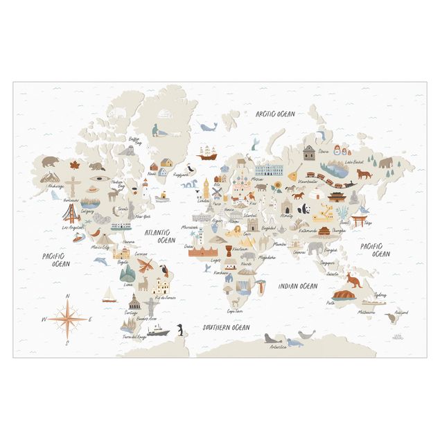 Fototapete - Weltkarte mit Sehenswürdigkeiten