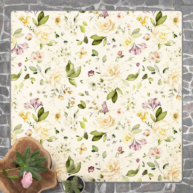 Teppich Blumen Wildblumen und Weiße Rosen Aquarell Muster