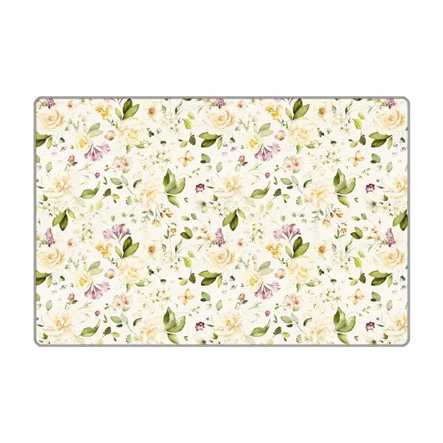 Teppich - Wildblumen und Weiße Rosen Aquarell Muster