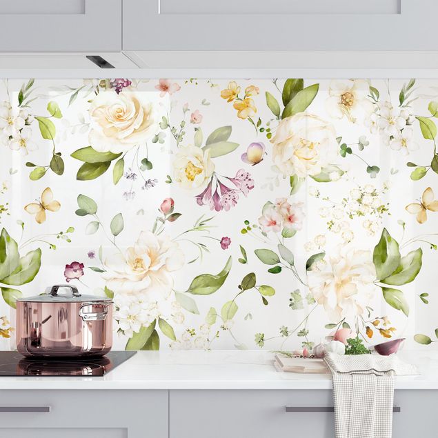 Platte Küchenrückwand Wildblumen und Weiße Rosen Aquarell Muster