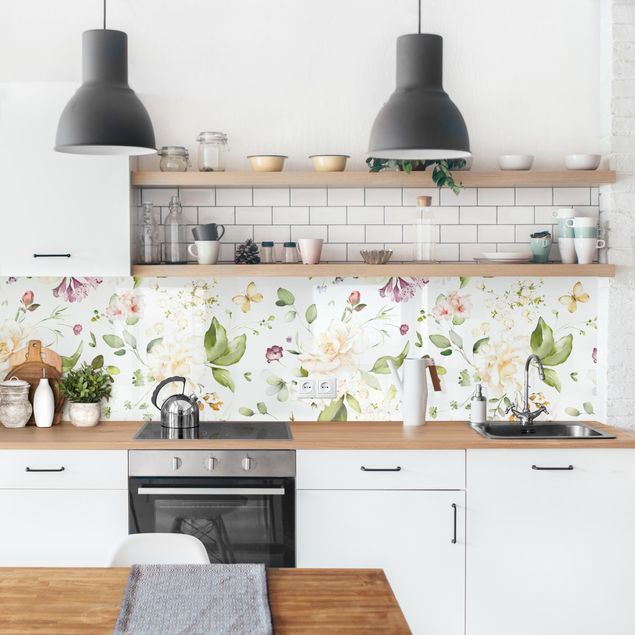 Küche Wandpaneel Wildblumen und Weiße Rosen Aquarell Muster
