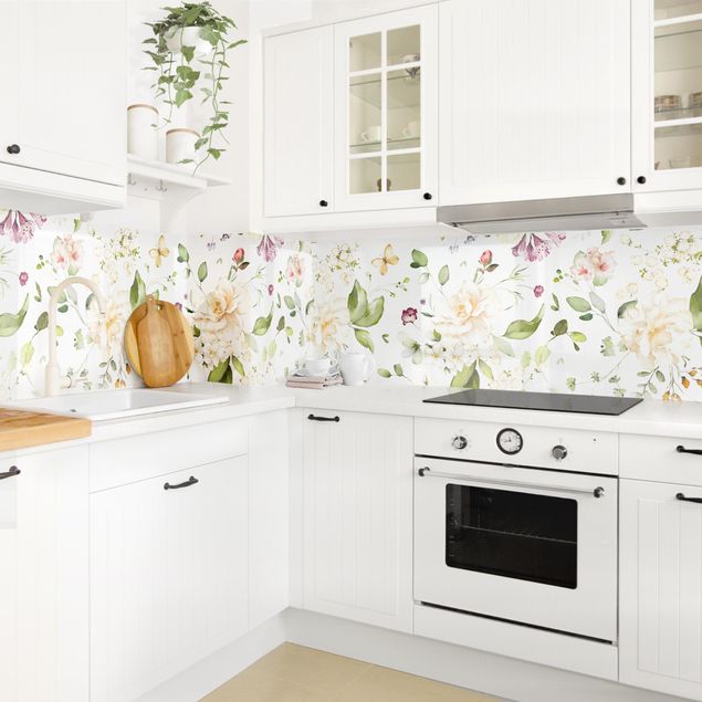 Küchenspiegel Wildblumen und Weiße Rosen Aquarell Muster