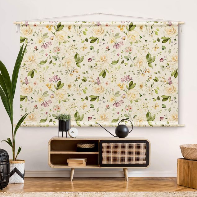 Wandbehang modern Wildblumen und Weiße Rosen Aquarell Muster
