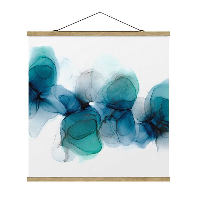 Stoffbild mit Posterleisten - Wilde Blüten in Blau und Gold - Quadrat 1:1