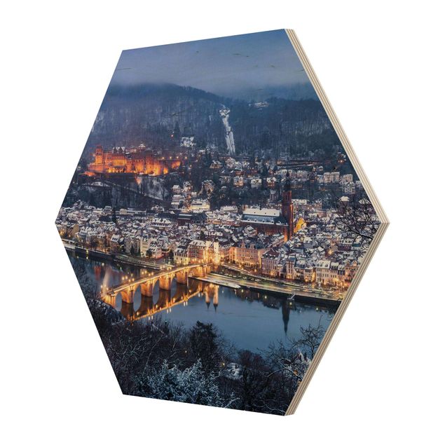 Hexagon Bild Holz - Winterliches Heidelberg