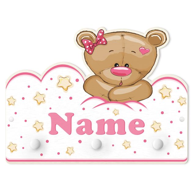 Kindergarderobe Holz - Wolken Teddy rosa mit Wunschnamen