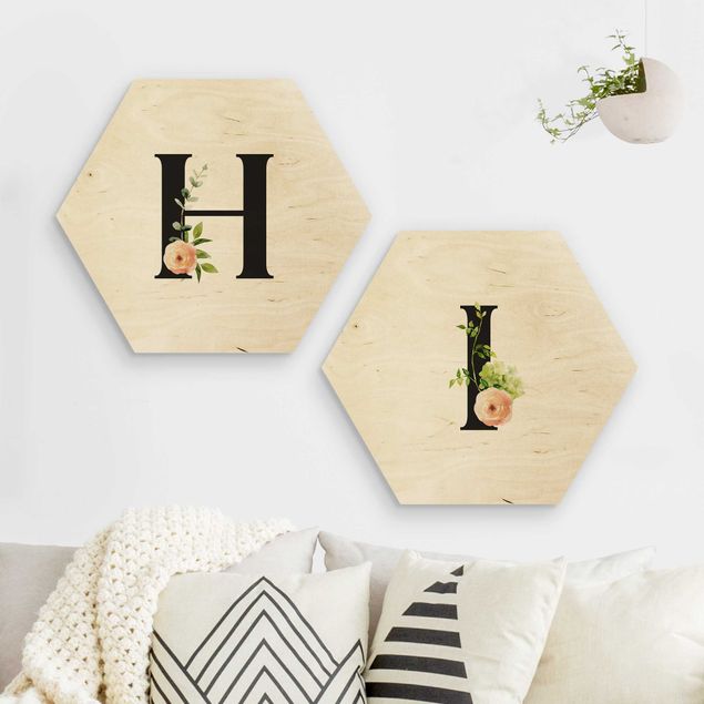 Hexagon-Holzbild - Wunschbuchstabe Aquarell Blumen